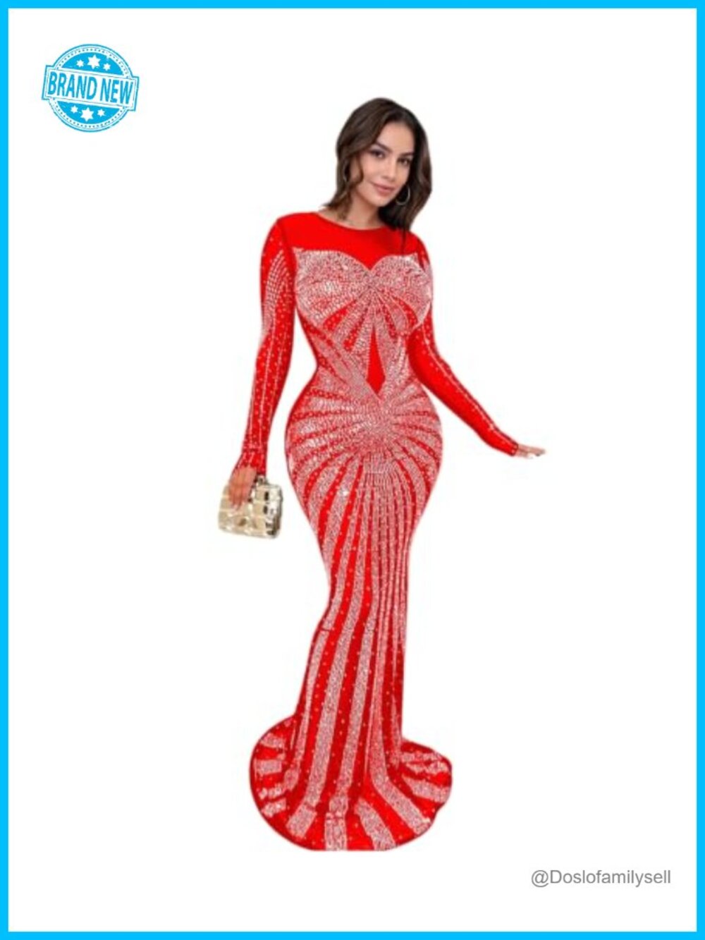 Rhinestone Party Club Night Formal Dress Long Sleeve Mermaid High Waist